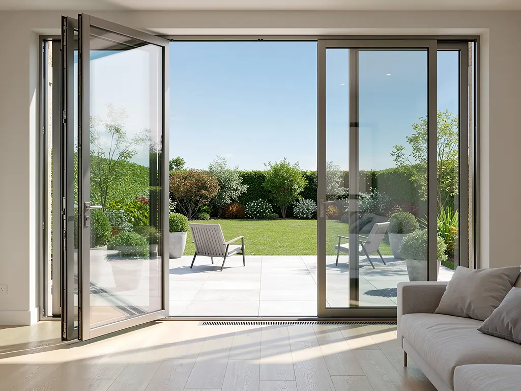 Baie vitrée coulissante en aluminium ouvrant sur une terrasse