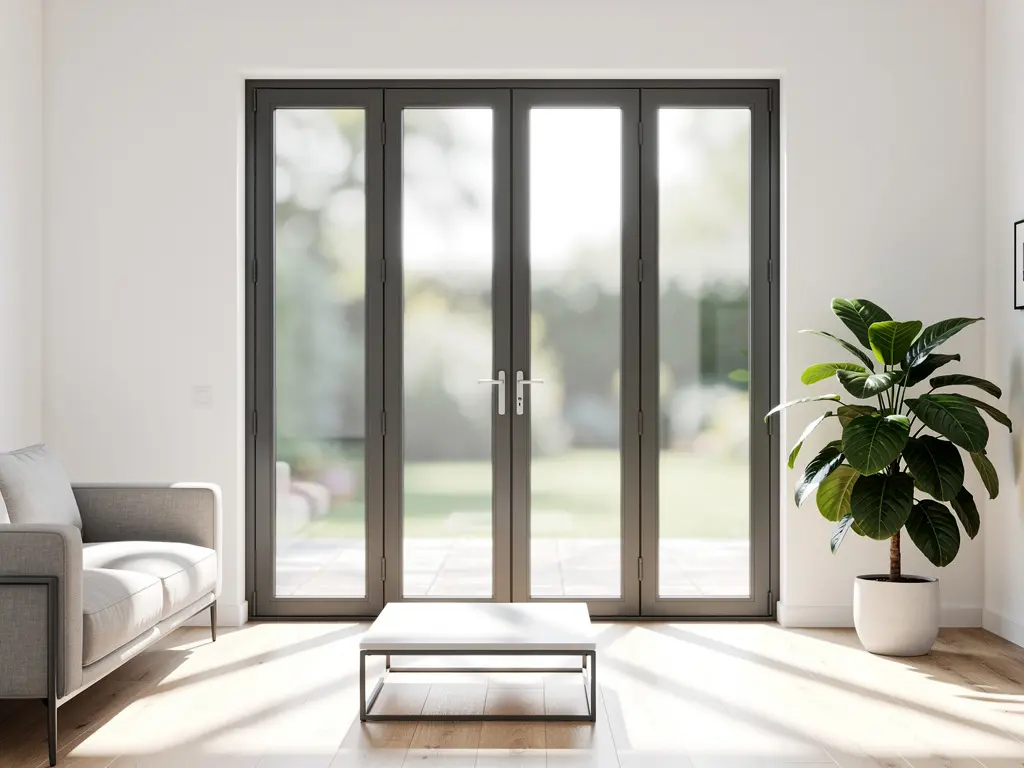 Porte-fenêtre aluminium gris anthracite dans un salon lumineux